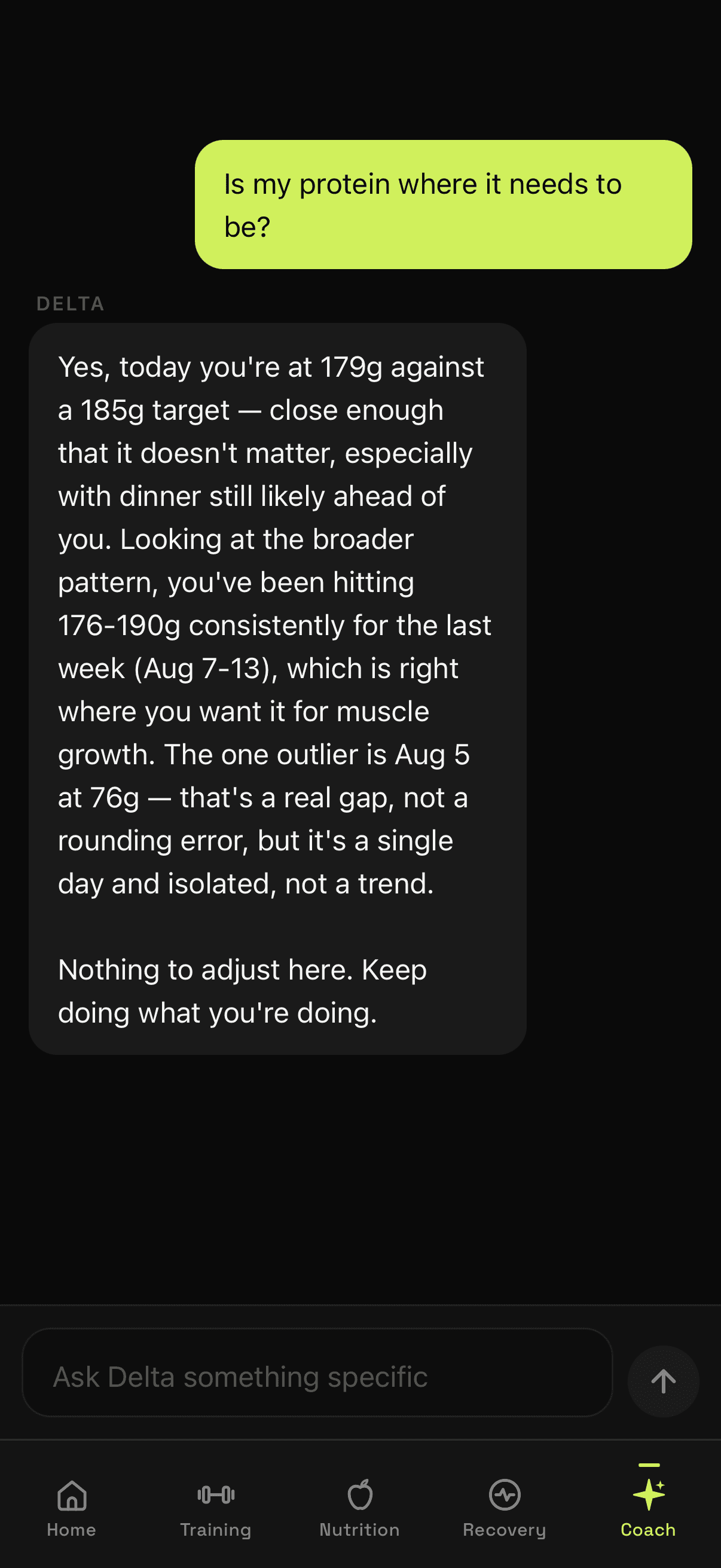 A conversation with Delta, Forma's AI coach, answering a question about protein by citing the day's total against target and the pattern across the past week.